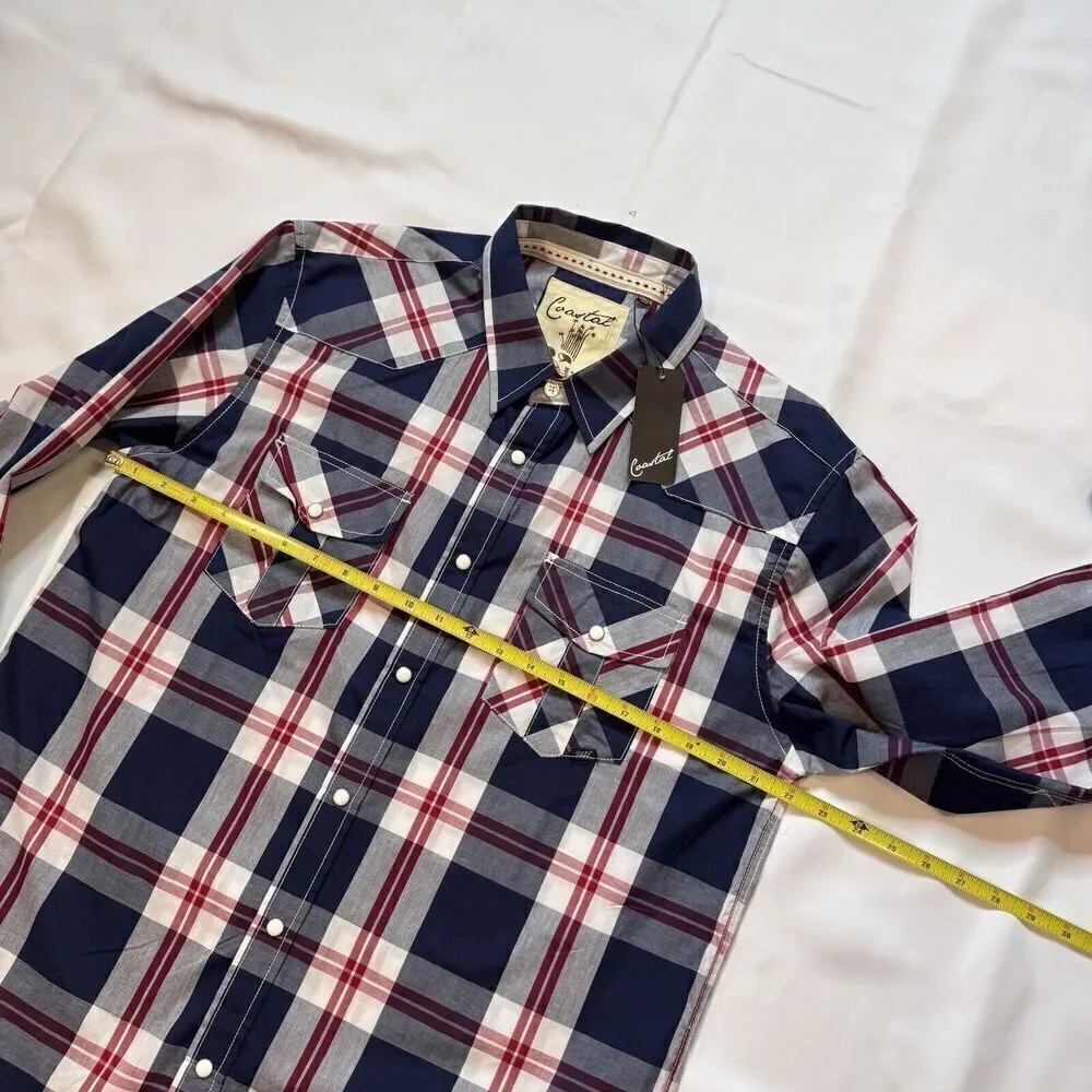 Coastal Men Sz L Button Up Shirt Large Red Navy Plaid Flannel Long Sleeve Collar